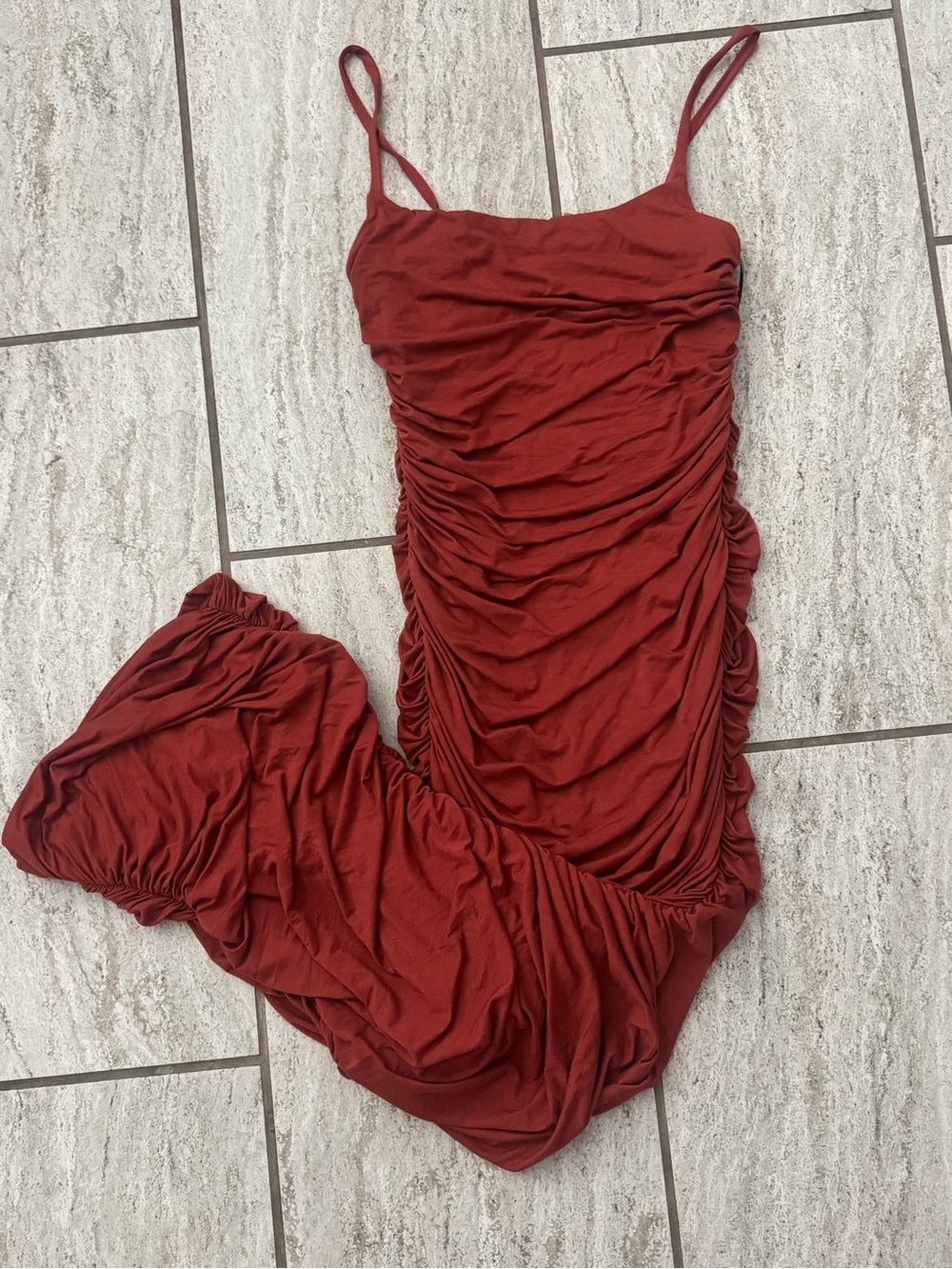 JLUXLABEL Ruched Spaghetti Strap Maxi Dress in Rust